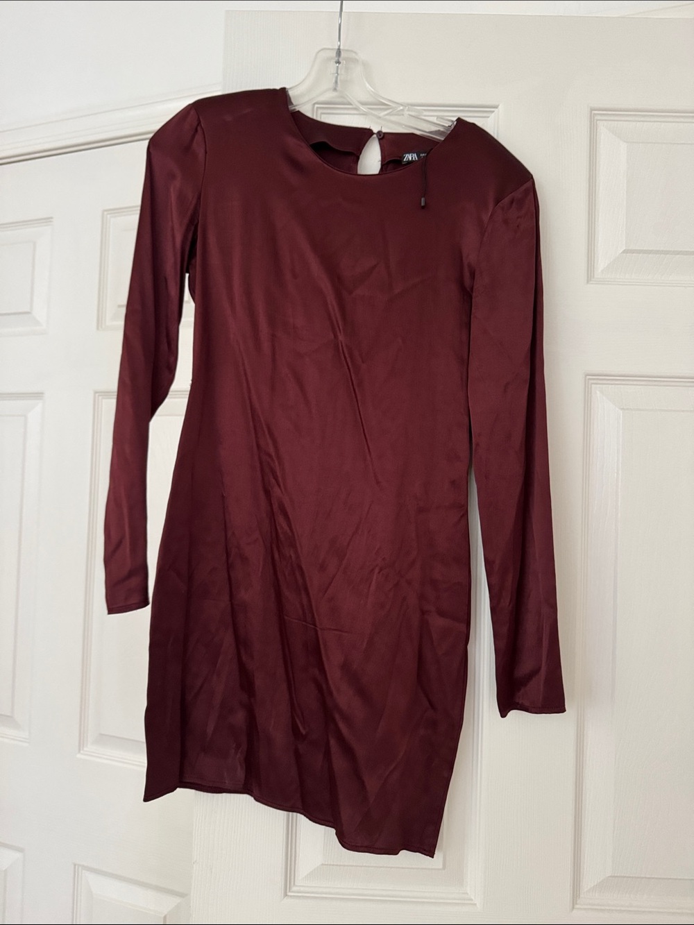 Zara Satin Long Sleeve Shift Dress in Wine